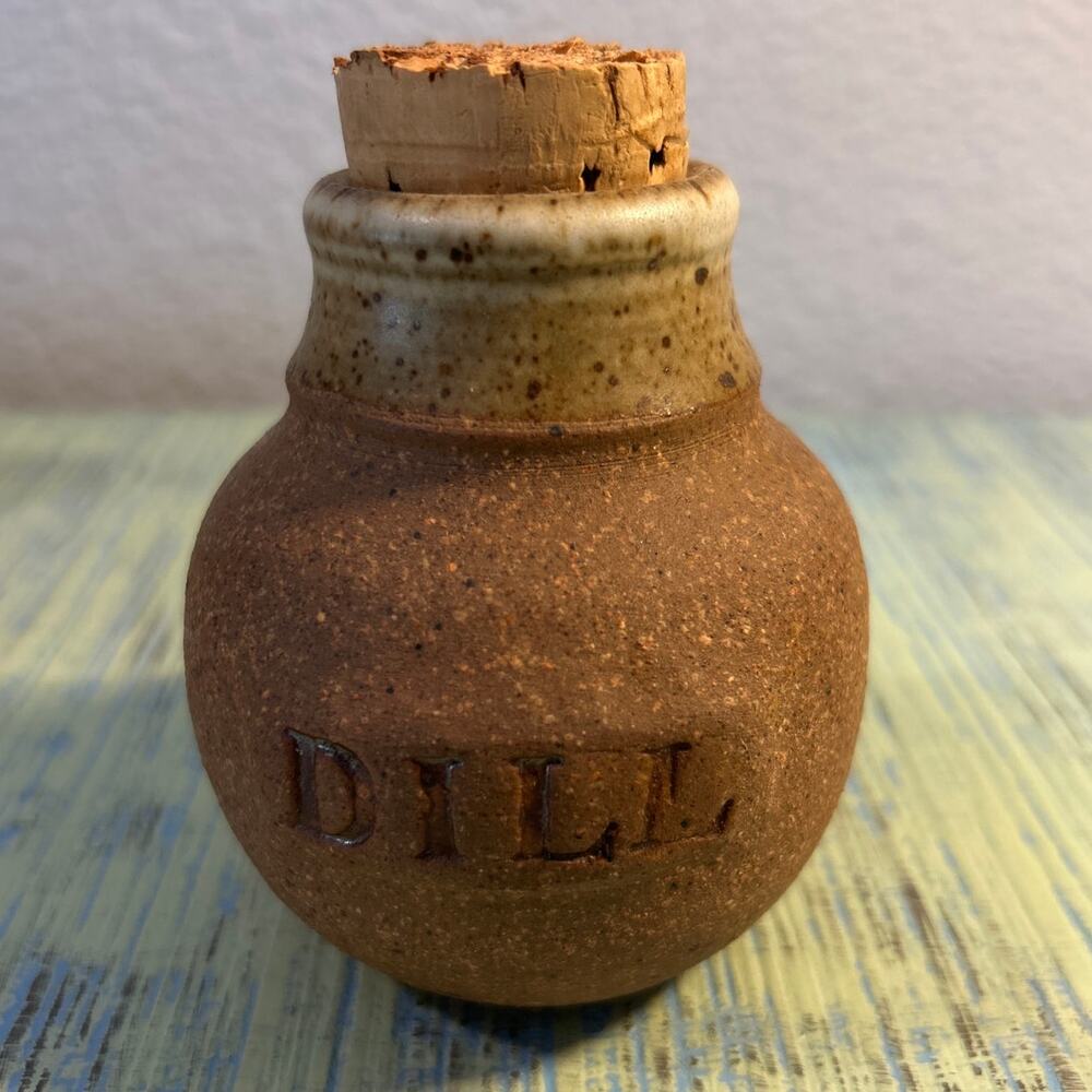 VINTAGE DILL Rustic Earthenware Herbs Spice Jar Pot Cork Kitchen FARMHOUSE